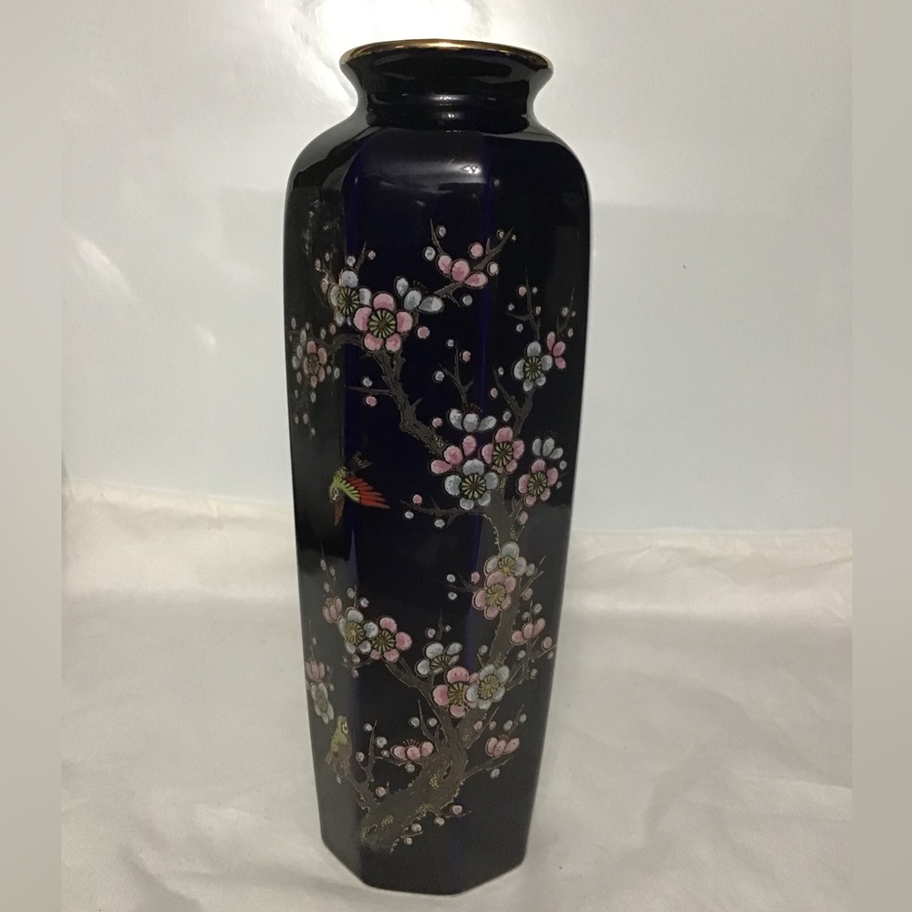 Vintage Cobalt Blue/Pink/Gold Tall Japanese Vase/Bird/Cherry Blossom Design